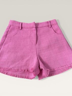 TCEC Pink Textured High-Waist Fringe Hem Women's Shorts